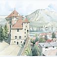 Collection "Annecy, ville et lac..." Le château dominant le lac - Aquarelle 50x60 - 340 €