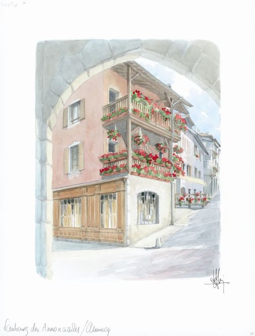 Collection "Annecy, ville et lac..." Faubourg des Annonciades -  Aquarelle 40x50 - 280 €