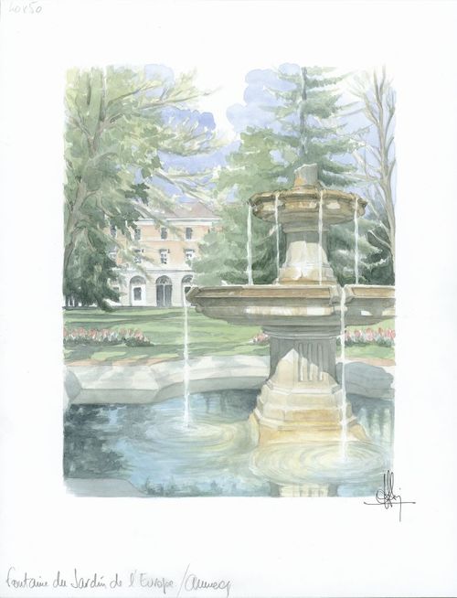 Collection "Annecy, ville et lac..." Fontaine du jardin de l'Europe - Aquarelle 40x50 - 280 €