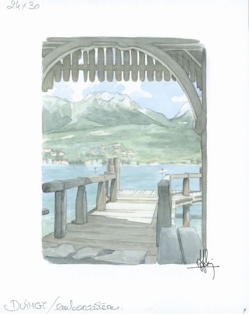 Collection "Annecy, ville et lac..." L' embarcadere de Duingt - Aquarelle 24x30 - 140 €