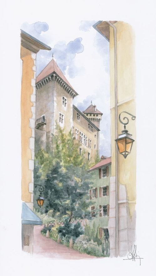 Collection "Annecy, ville et lac..." - Le château dans la ville Aquarelle 33x53 - 270 euros