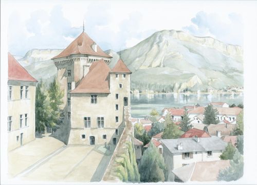 Collection "Annecy, ville et lac..." Le château dominant le lac - Aquarelle 50x60 - 340 €