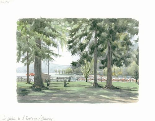 Collection "Annecy, ville et lac..." Le jardin de l'Europe  - Aquarelle 40x50 - 280 €