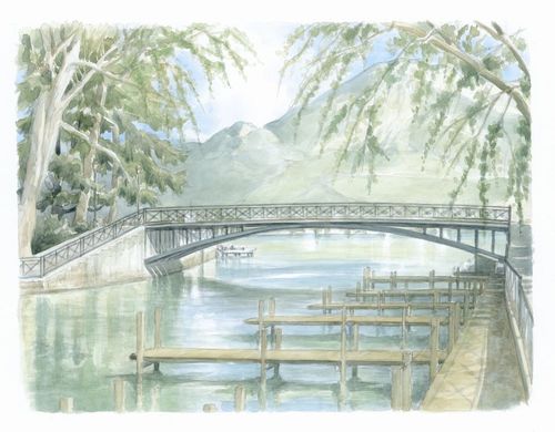 Collection "Annecy, ville et lac..." Le pont des amours au Printemps - Aquarelle  50x60 - 340 €
